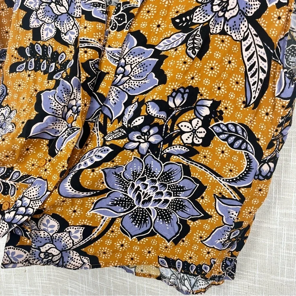 Anthropologie Corey Lynn Calter Mustard Gold Purple Floral Cap Sleeve Gia Blouse